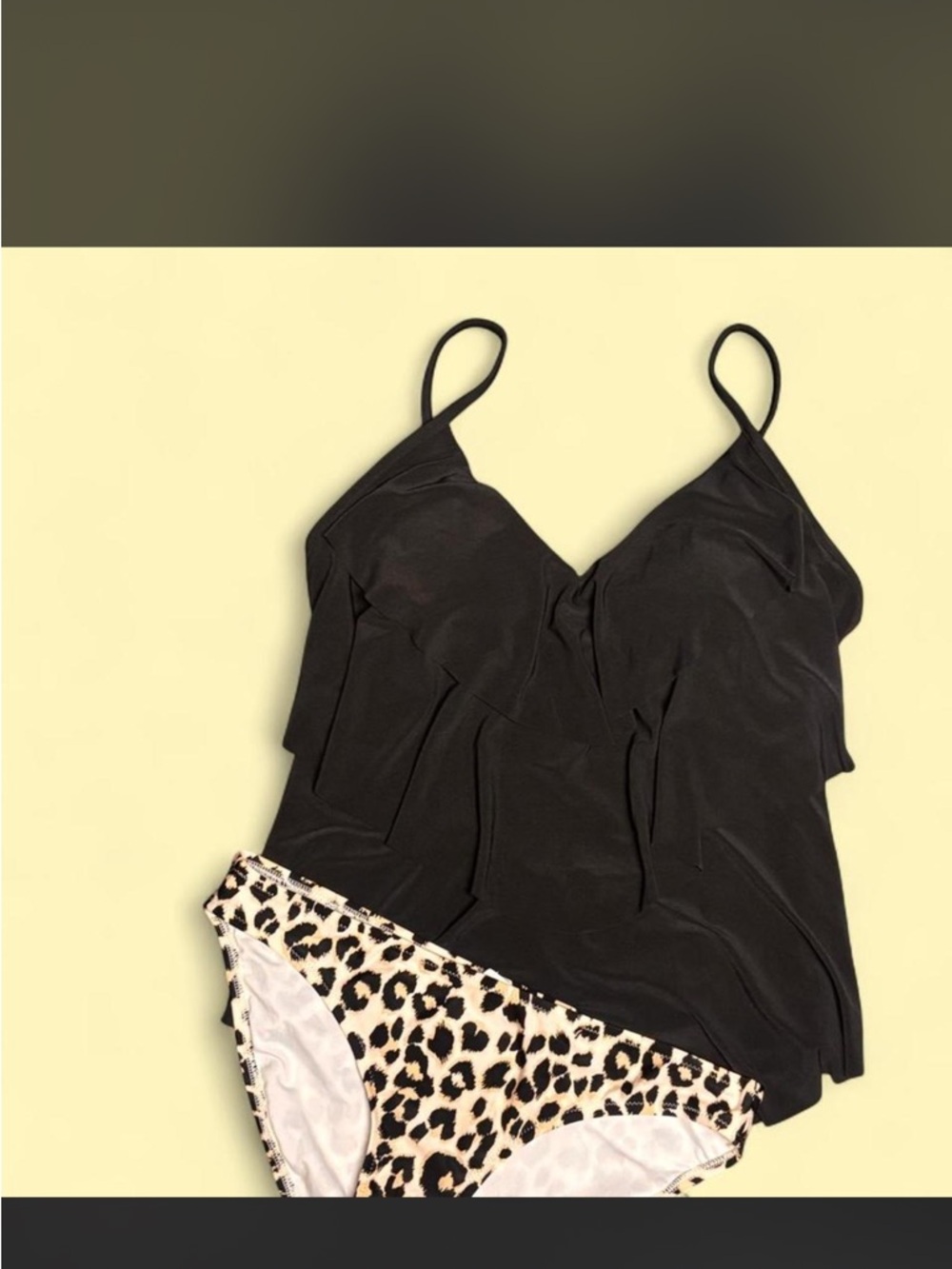 Black Ruffle Cami Tankini top w leopard bikini bottoms Women